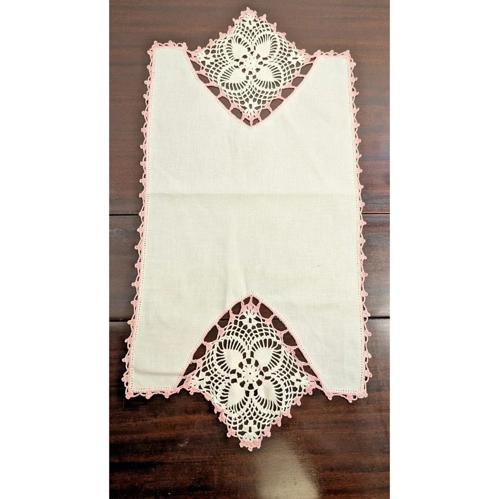 Vintage Pink Crochet Linen Table Runner Set Handmade Lace Napkins Doily 6pc